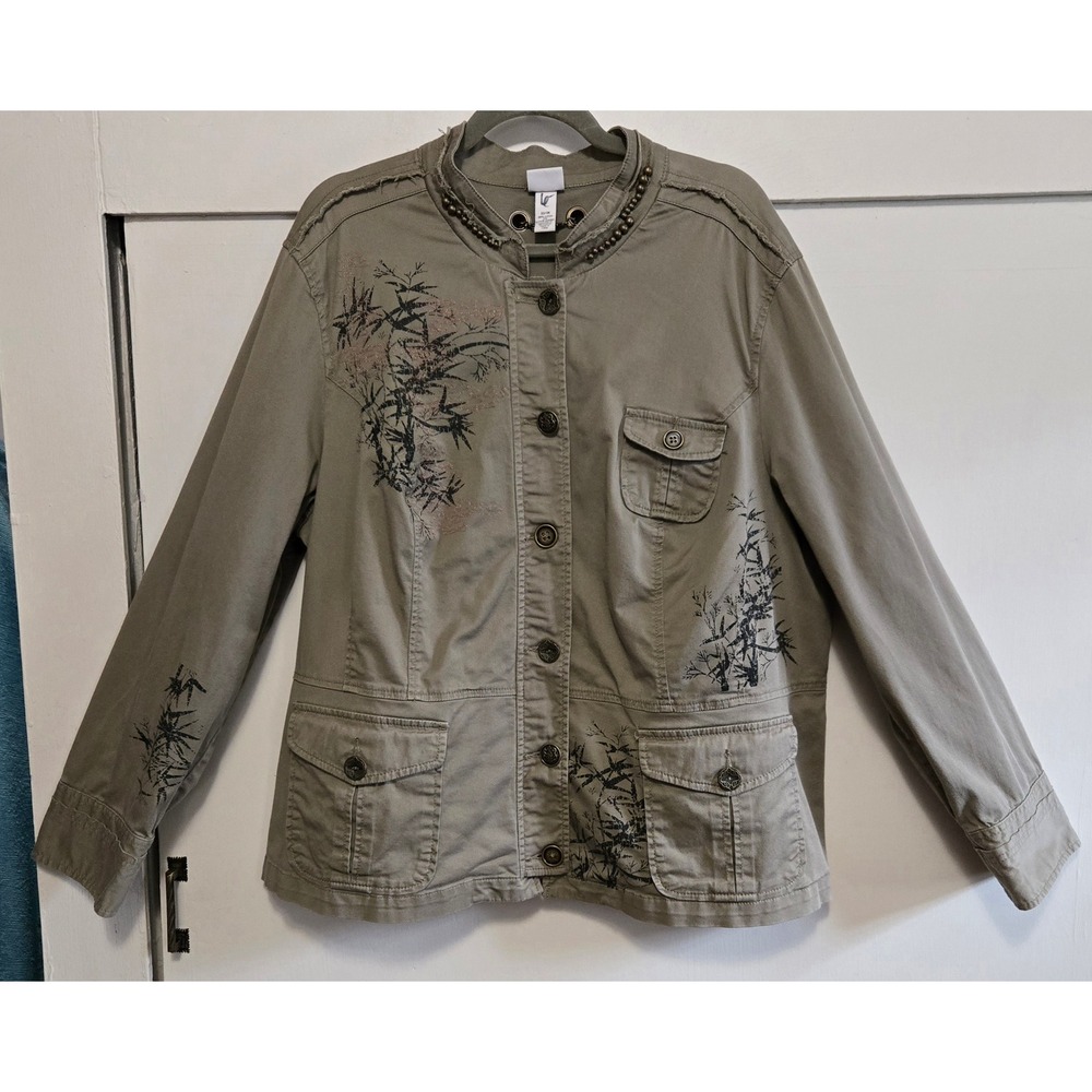 Venezia Women Chic Embroidered Khaki Bamboo Print Utility Jacket 22 Metal Beaded